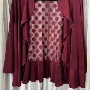 Nina Leonard Burgundy Polka Dot Sheer-Back Draped Blazer